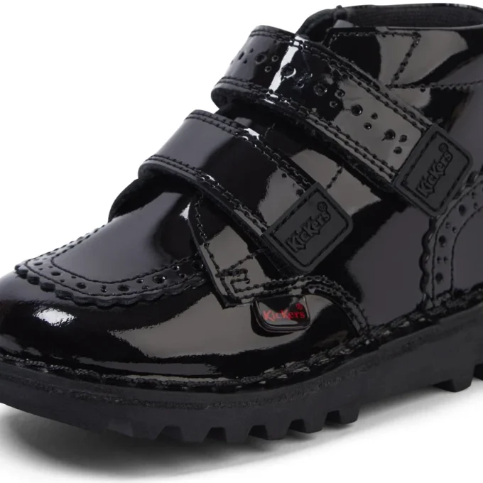 Botas Kick Hi Vel Brogue de charol para niñas, color negro