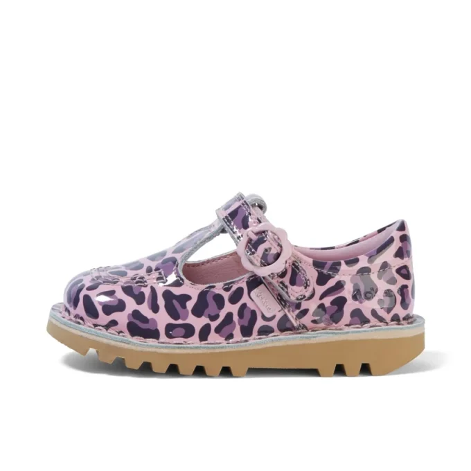 Kick T Bar para niñas pequeñas en charol leopardo rosa