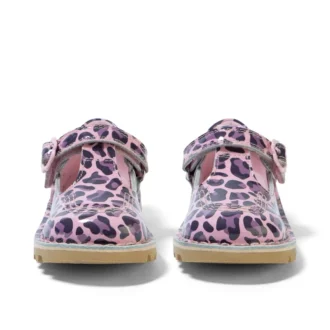 Kick T Bar para niñas pequeñas en charol leopardo rosa
