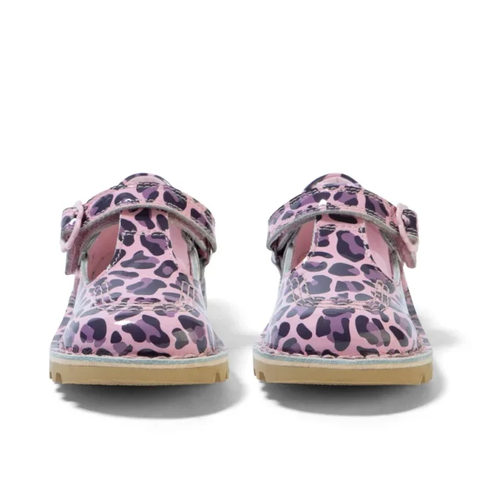 Kick T Bar para niñas pequeñas en charol leopardo rosa