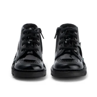 Kickers Kick Hi Zip para niñas pequeñas, piel sintética y charol, negro