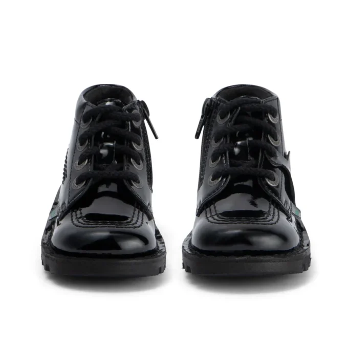 Kickers Kick Hi Zip para niñas pequeñas, piel sintética y charol, negro