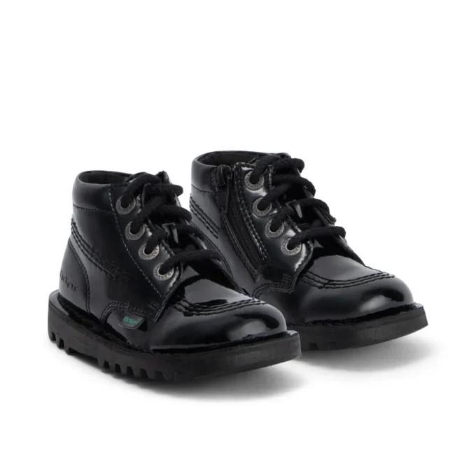 Kickers Kick Hi Zip para niñas pequeñas, piel sintética y charol, negro