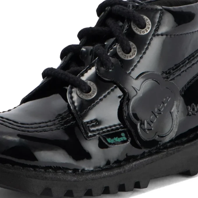 Kickers Kick Hi Zip para niñas pequeñas, piel sintética y charol, negro