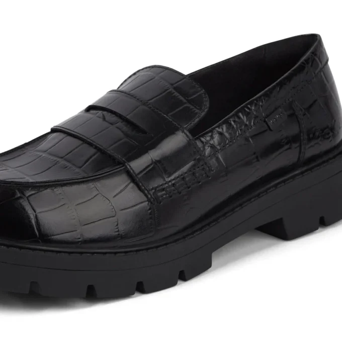 Mocasines Kori para mujer, piel de cocodrilo, negro