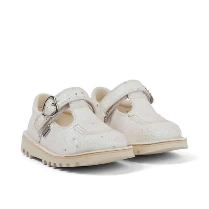 Zapatillas Kick T-Bar con purpurina para bebés unisex, blancas