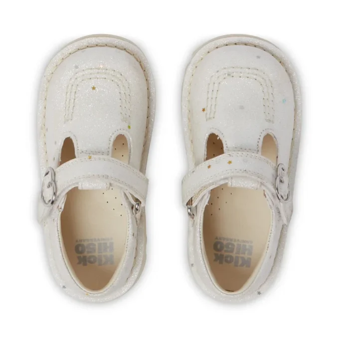 Zapatillas Kick T-Bar con purpurina para bebés unisex, blancas
