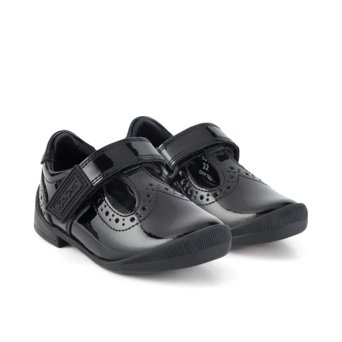 Zapatos de niña pequeña Bridie Brogue T-Vel de charol negro