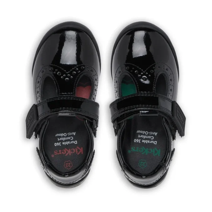 Zapatos de niña pequeña Bridie Brogue T-Vel de charol negro