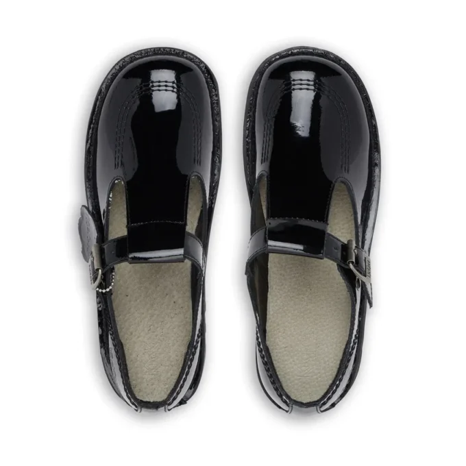 Zapatos Kick T-Bar de charol para mujer, color negro