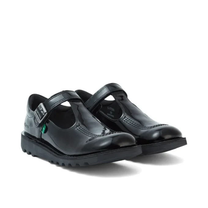 Zapatos Kick T-Bar de charol para mujer joven, color negro