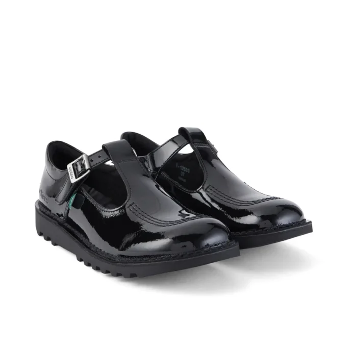 Zapatos Kick T-Bar de charol para mujer joven, color negro