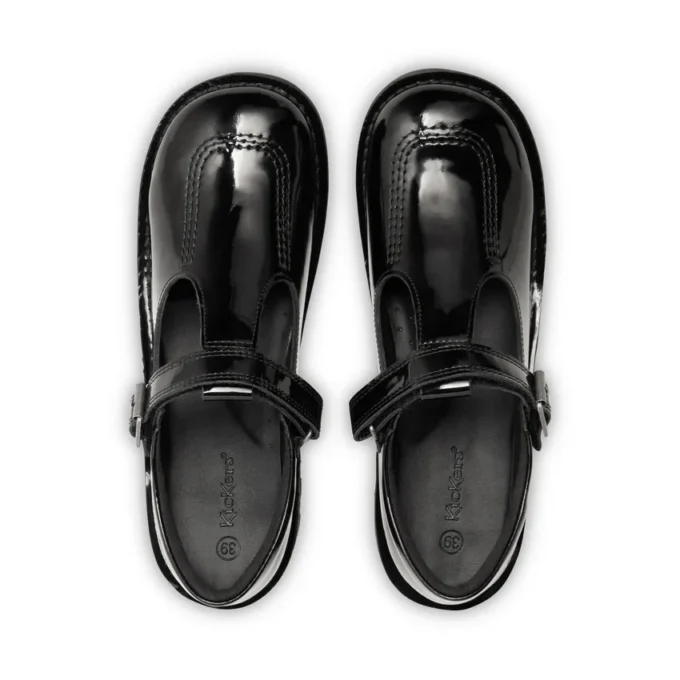 Zapatos Kick T-Bar de charol para mujer joven, color negro