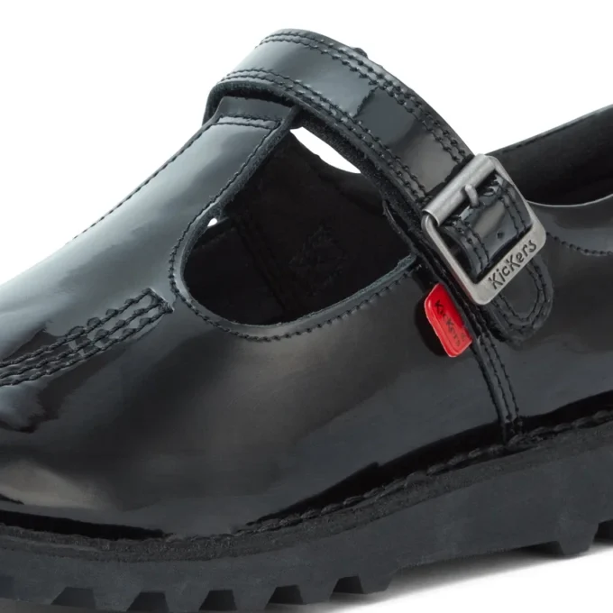 Zapatos Kick T-Bar de charol para mujer joven, color negro