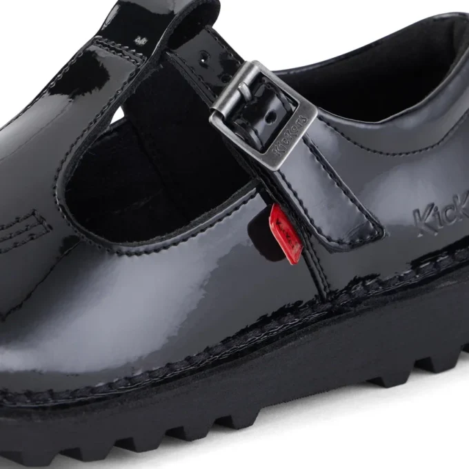 Zapatos Kick T-Bar de charol para mujer joven, color negro
