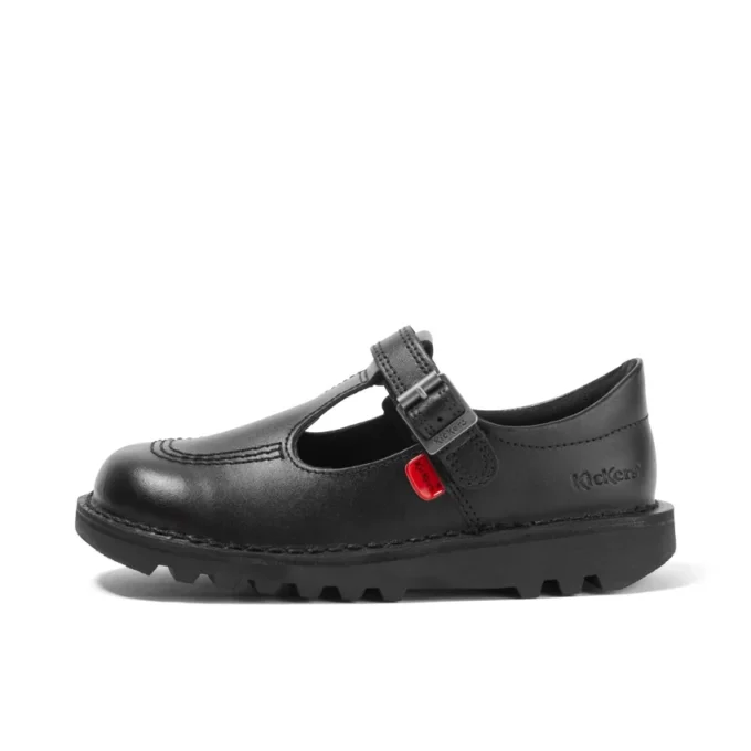 Zapatos Kick T-Bar de piel negra con velcro para niñas pequeñas