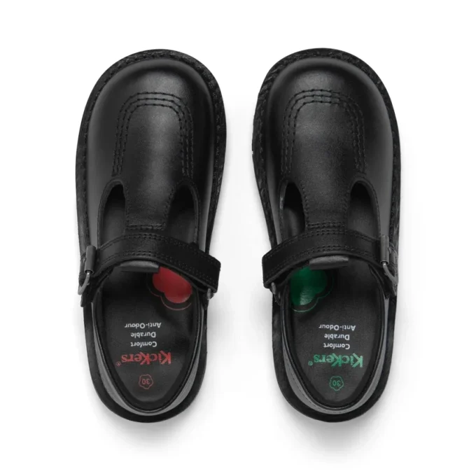 Zapatos Kick T-Bar de piel negra con velcro para niñas pequeñas