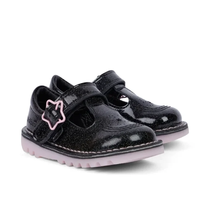 Zapatos Kick T-Bar Galactic de piel negra para niñas pequeñas