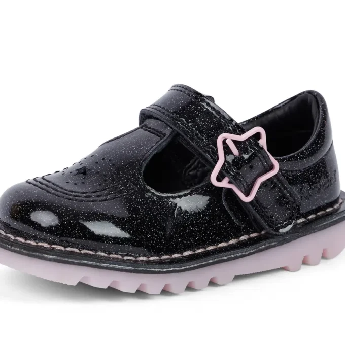 Zapatos Kick T-Bar Galactic de piel negra para niñas pequeñas