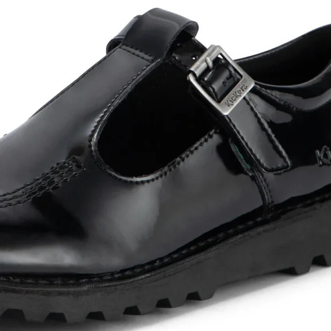 Zapatos Kick T-Bar para mujer joven, de piel sintética, charol, color negro