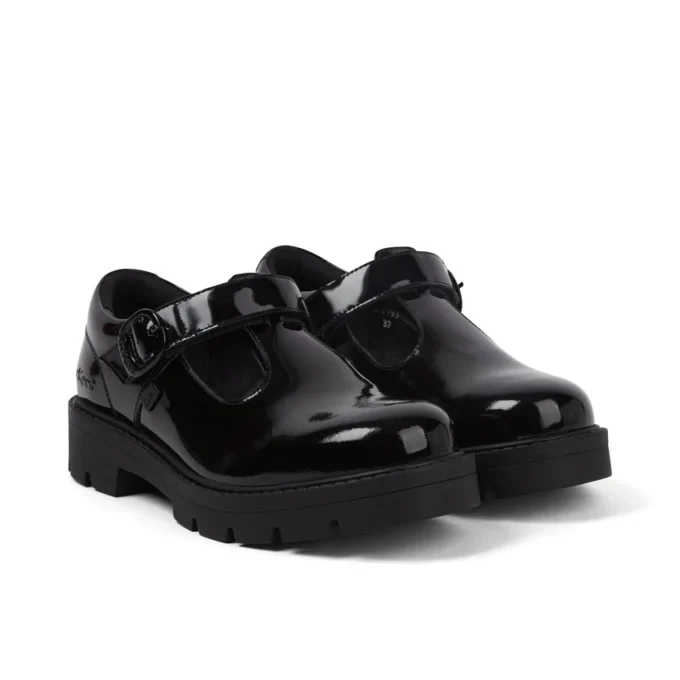 Zapatos Kori T-Bar de charol para mujer joven, color negro