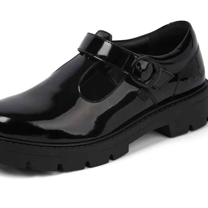 Zapatos Kori T-Bar de charol para mujer joven, color negro