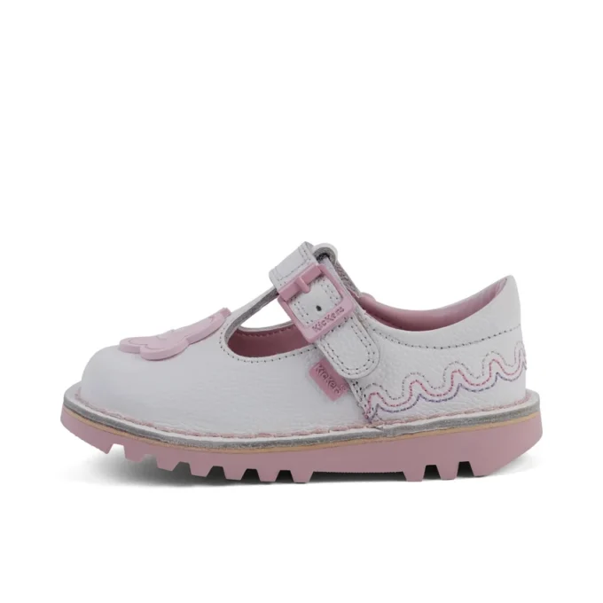 Zapatos T-Bar Wave de piel para niña, color blanco