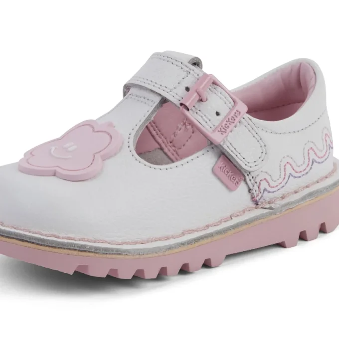 Zapatos T-Bar Wave de piel para niña, color blanco